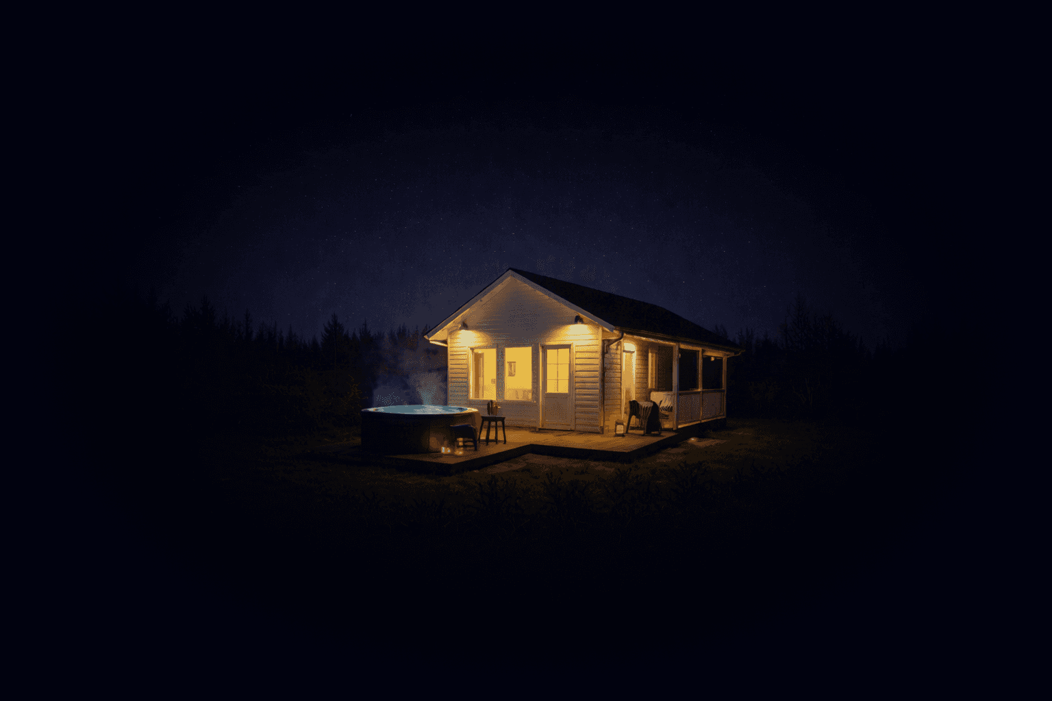 Short Term Rental Property - Cozy cabin at night with hot tub