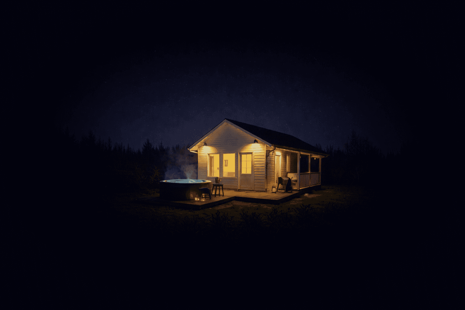 Short Term Rental Property - Cozy cabin at night with hot tub
